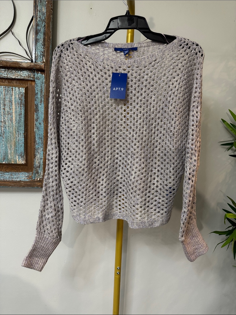 Apt. 9 Women's Open-Weave Crewneck dolman sleeve Sweater Light Gray&purple NWT M